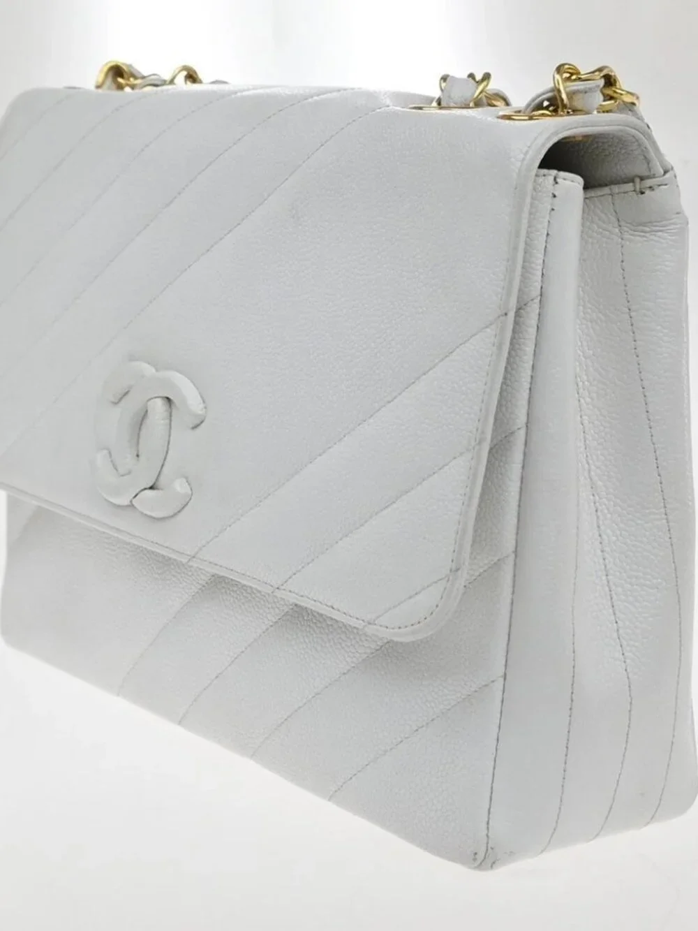 CHANEL CC Chain Shoulder Bag Grained Calfskin Leather White Vintage